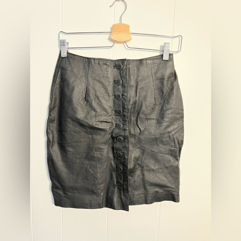 Vintage black leather mini skirt button front bikercore moto goth punk